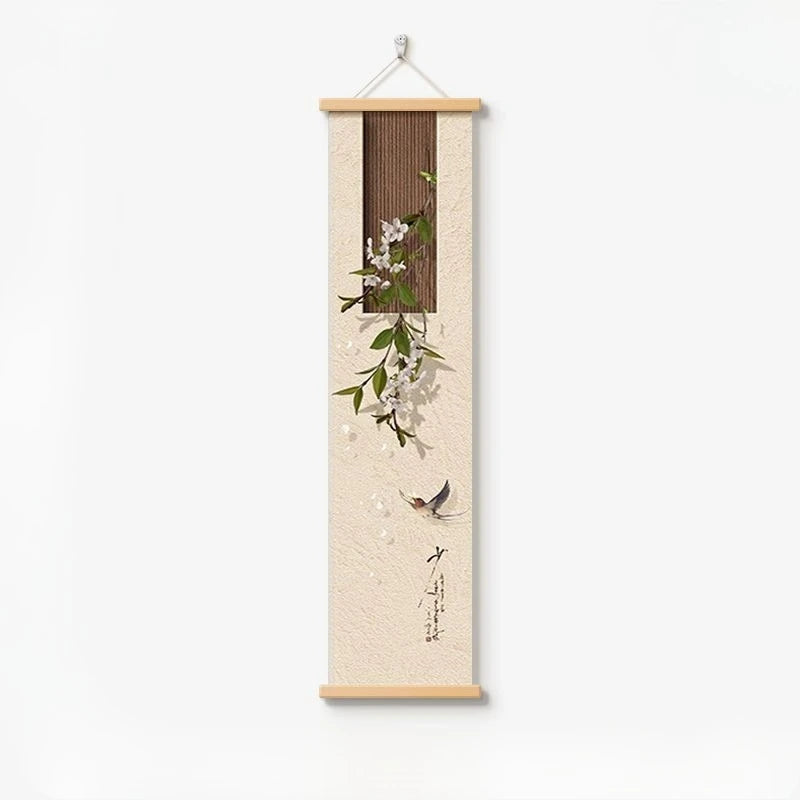 cadre mural suspendu paysage japonais fleurs blanches branches vertes oiseau noir texte chinois verte