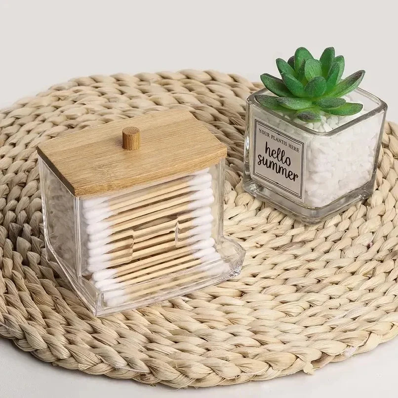 boîte coton tiges transparent couvercle bois moderne minimaliste salle bain rangement organisation naturel