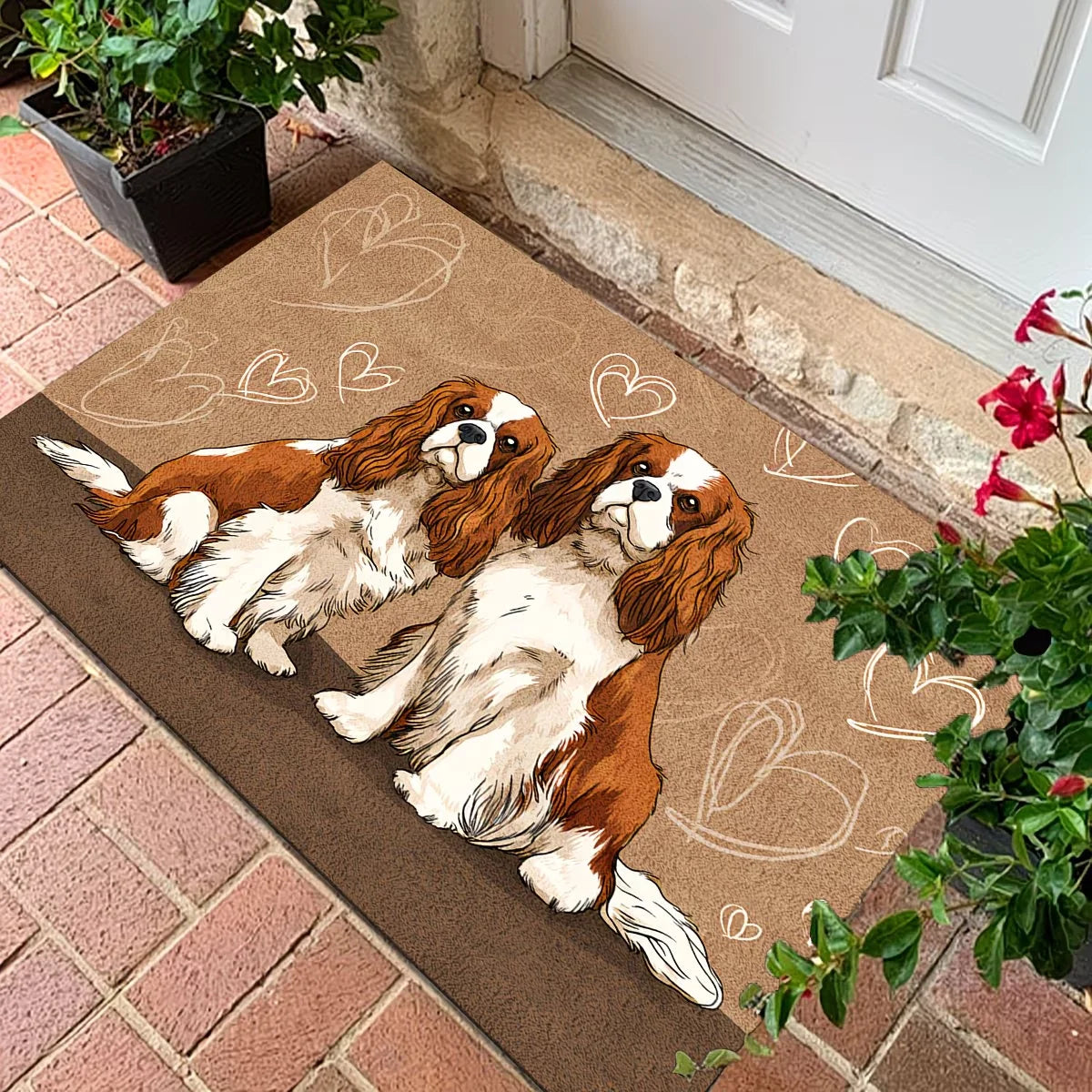 tapis antidérapant chiens cavalier king charles spaniel motifs cœurs feuilles moderne salon entrée