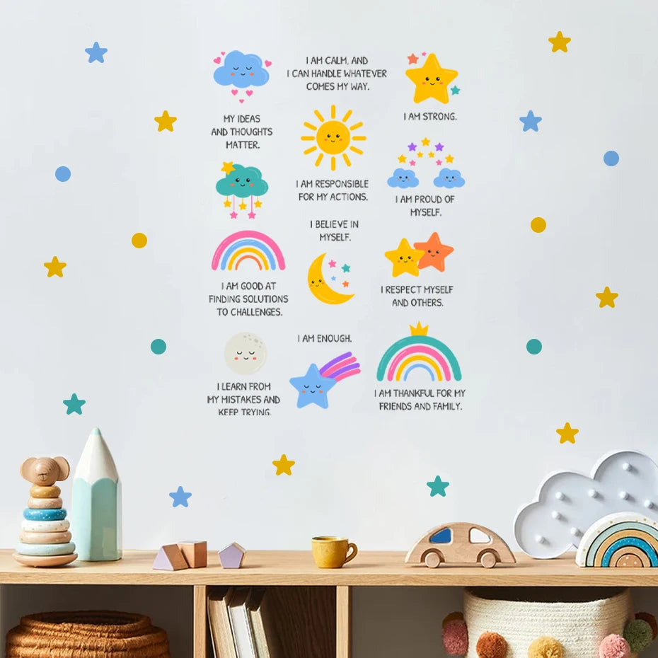 sticker mural étoiles dessin animé multicolore décoration enfant chambre nuage soleil arc ciel