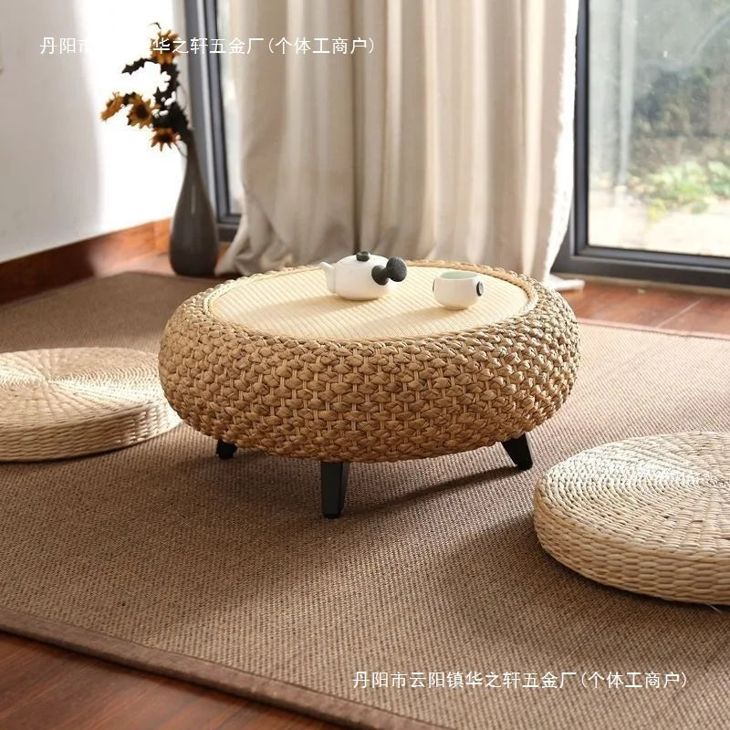 tabouret moderne rustique tissé beige clair foncé naturel pieds noirs salon assemblage facile