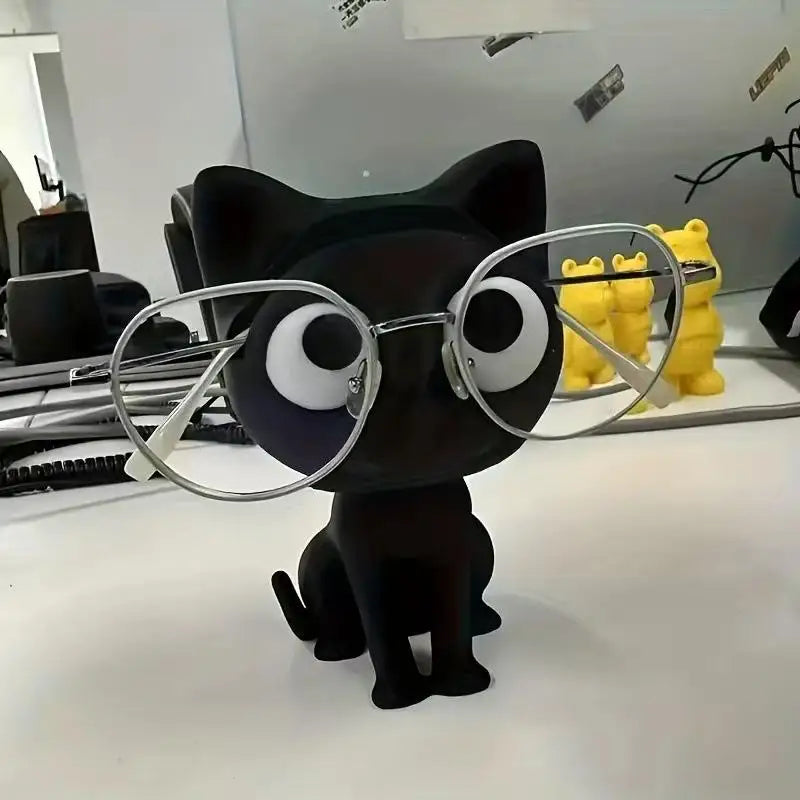 support rangement lunettes forme chat cartoon humoristique lunettes rectangulaires transparentes chainette perlée