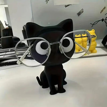 support rangement lunettes forme chat cartoon humoristique lunettes rectangulaires transparentes chainette perlée