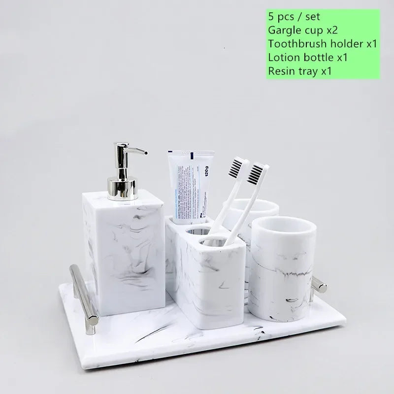 ensemble salle bain moderne marbre blanc gris brosse dents tube dentifrice gobelet distributeur savon