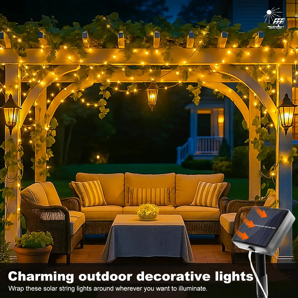 guirlande lumineuse solaire dorée jaune moderne modes éclairage imperméable ip65 led autoinstallationextérieur camping mariage
