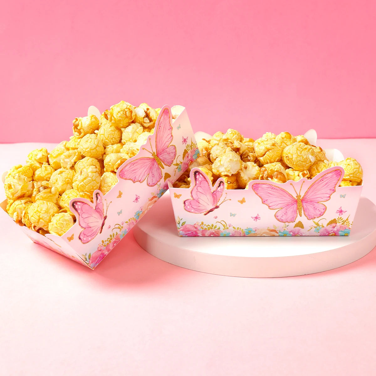 boîtes pop corn décoratives papillons rose violet doré fête anniversaire mariage baptême fille