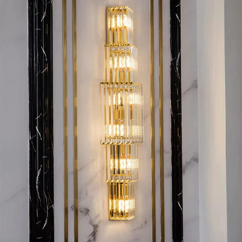 applique murale moderne cristal doré tubes horizontaux lumière led salon luxe élégant
