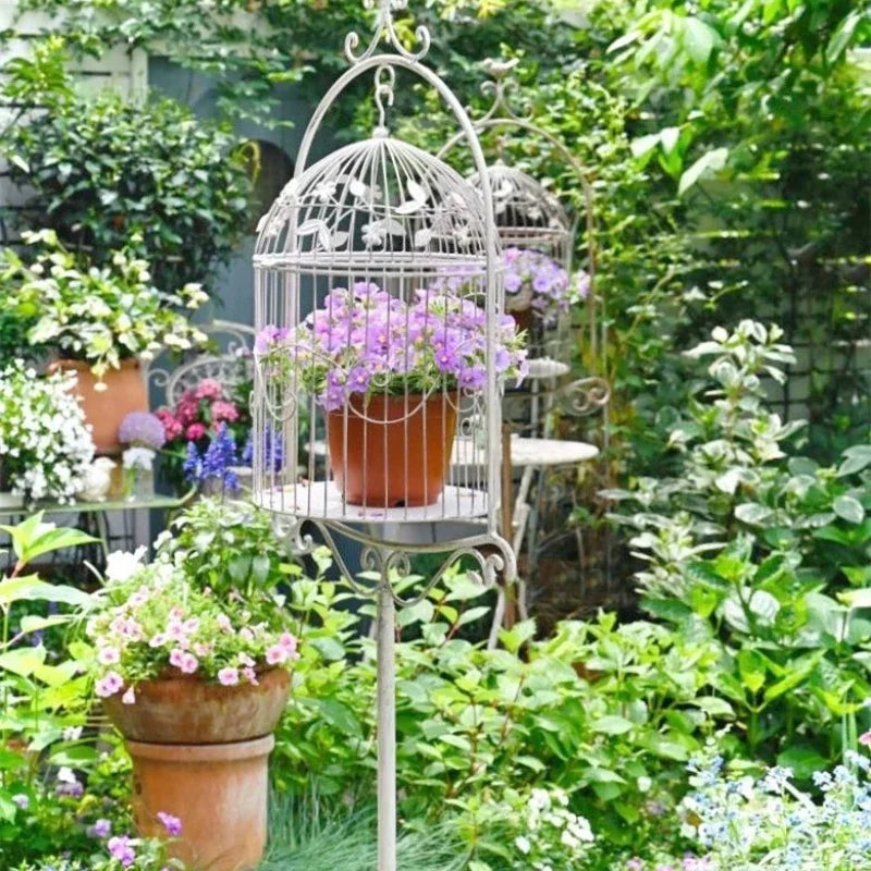 support plante cage oiseau métal motif feuilles vintage doré semi transparent pensées petunias