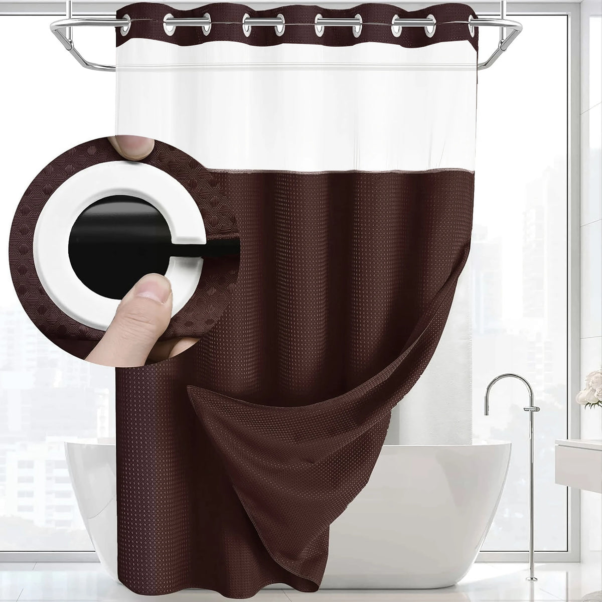 rideau douche moderne noir gris clair texture relief aimants lestés liner intégré tissu opaque