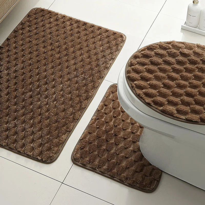 tapis bain moderne rose pâle texture boules respectueux environnement salle bain lavable machine séchage
