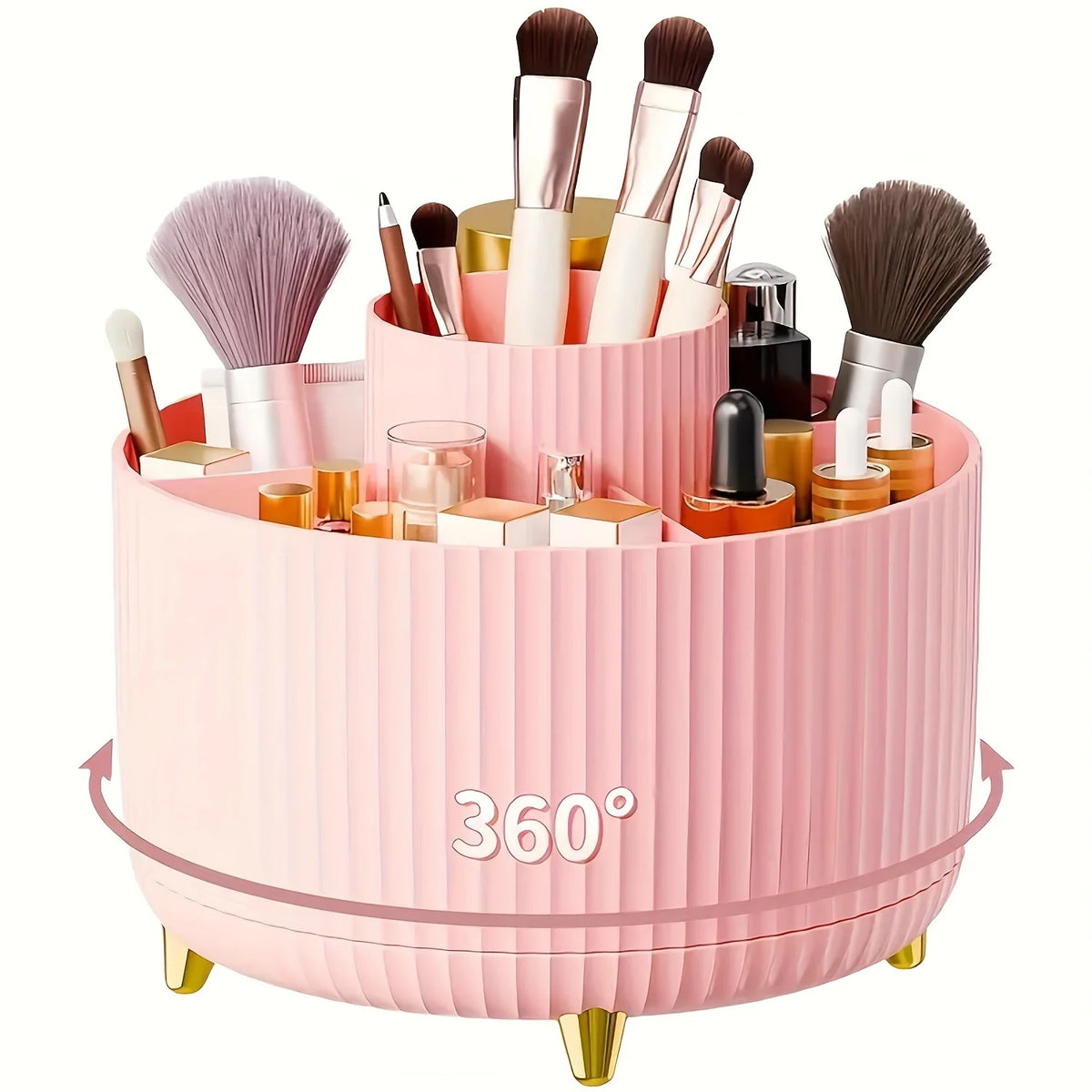 organisateur maquillage rose brosse pinceau moderne élégant rayures verticales pieds dorés cosmétique multifonctionnel plastique