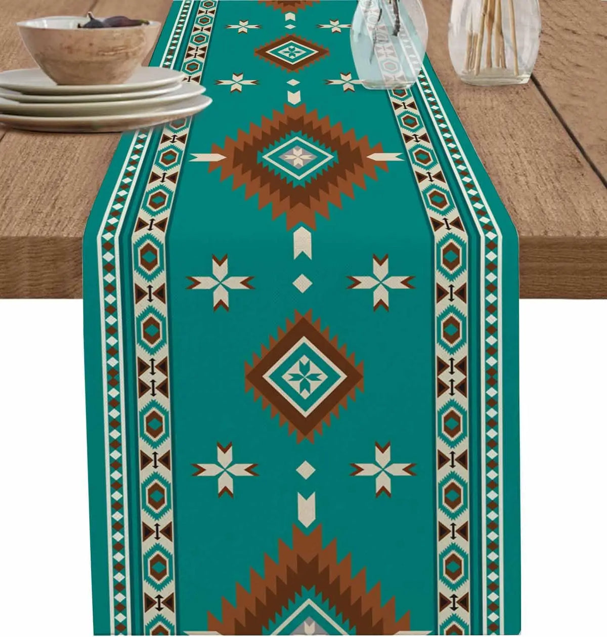 tableau chemin table lin aztèque beige marron bleu rouge moderne ethnique