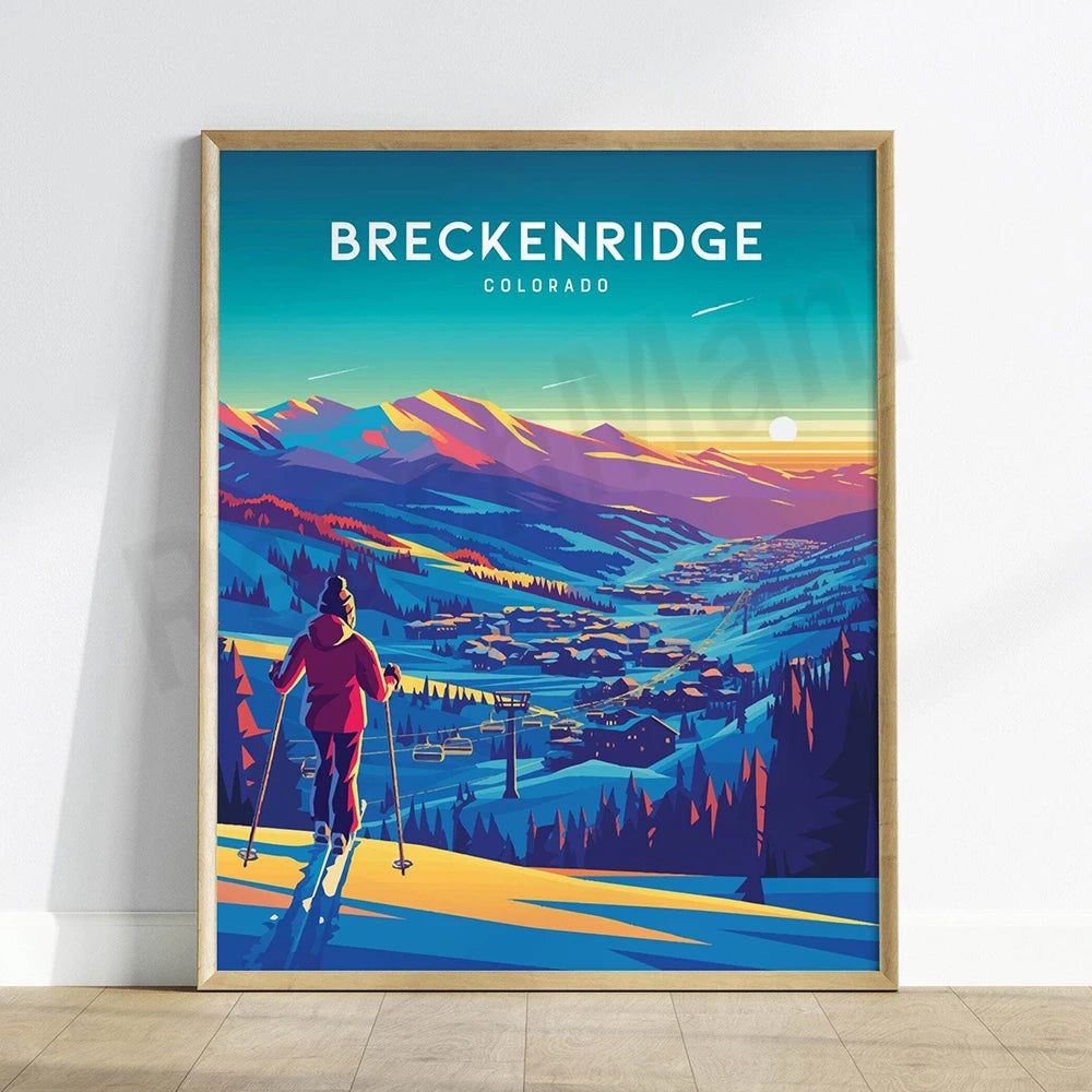 Un skieur profite des magnifiques paysages enneigés des montagnes de Breckenridge, dans le Colorado, au coucher du soleil.