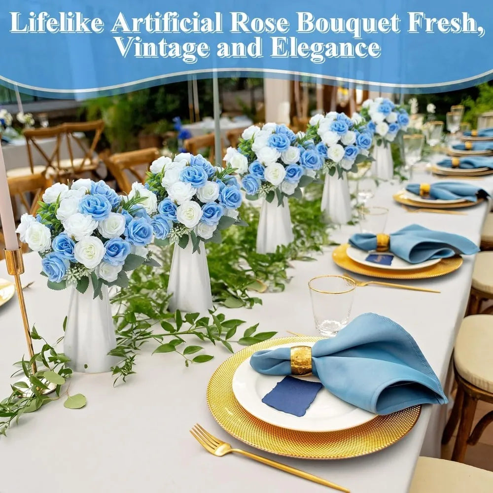 Bouquet artificiel roses bleu clair blanc décoration mariage anniversaire intérieur vintage élégant