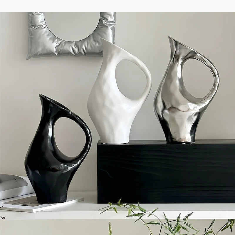vase céramique moderne noir blanc argenté minimaliste sculpture décoration table opaque floral