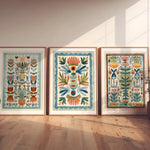 affiches murales florales modernes couleur bleue verte texture mat cadre bois chambre salon