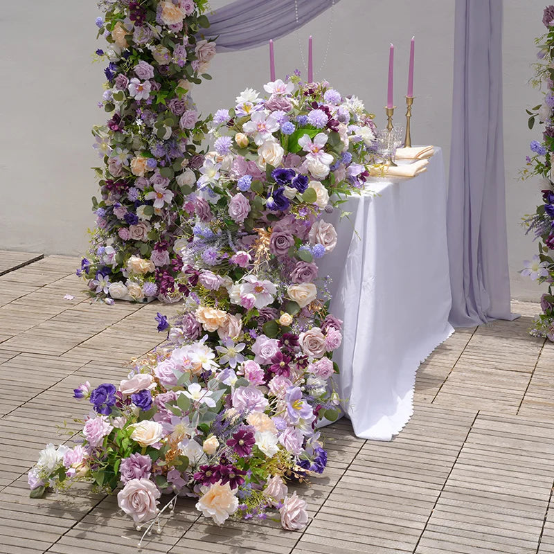 tapis table décoration mariage violet rose blanc fleurs artificielles romantique champêtre élégantextérieur anniversaire