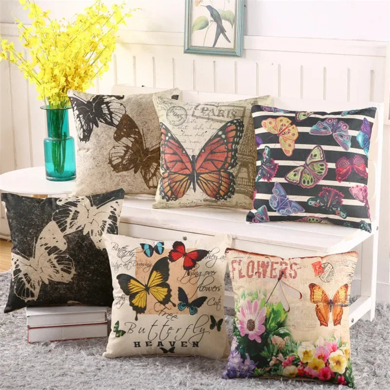 housse coussin animaux dessin animé coton lin maison multicolore papillon chat chien 45x45cm vintage