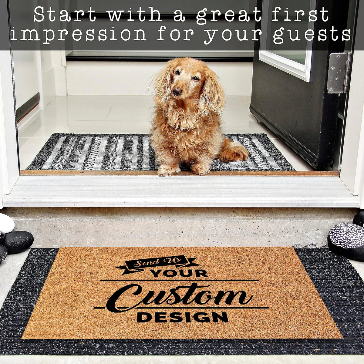 tapis d'entrée marron clair rayures noires blanches antidérapant résistant bactéries porte garage extérieur
