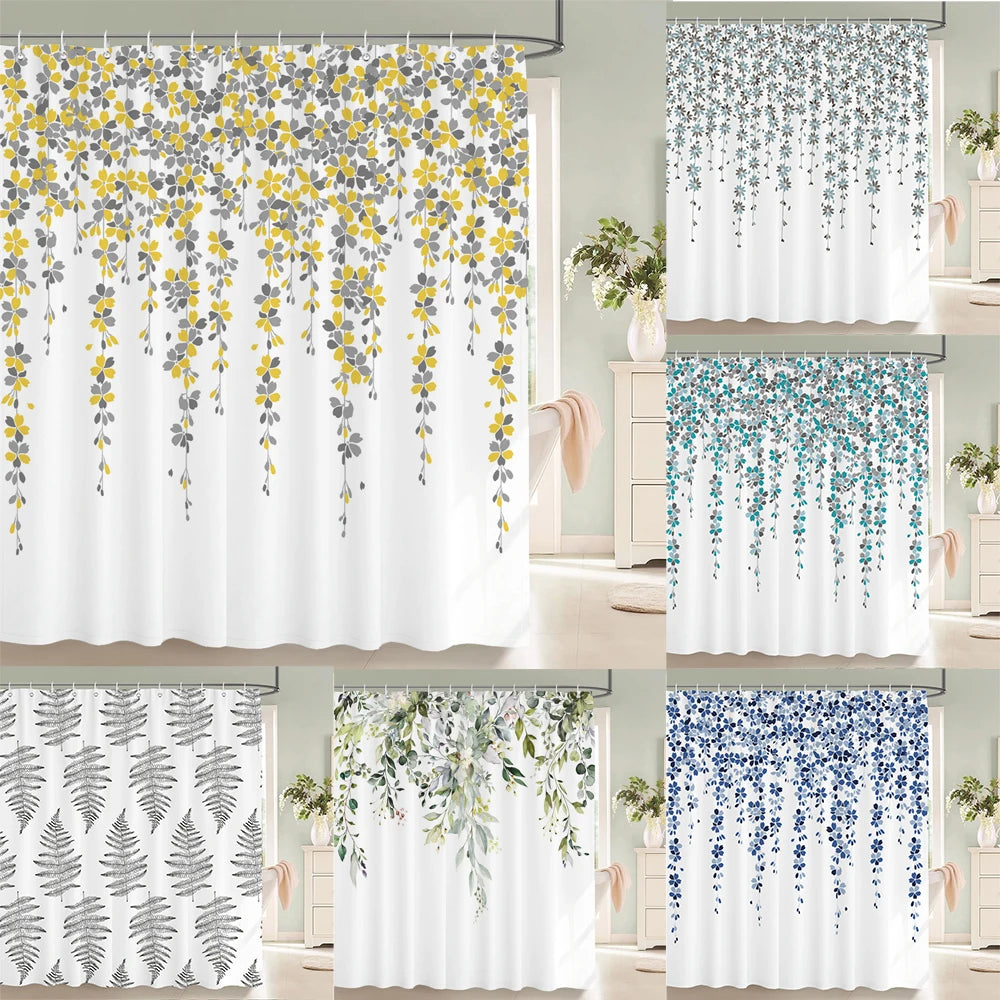 Rideau de douche imprimé 3D avec motif petites feuilles et fleurs fraîches vert