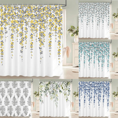 Rideau de douche imprimé 3D avec motif petites feuilles et fleurs fraîches vert
