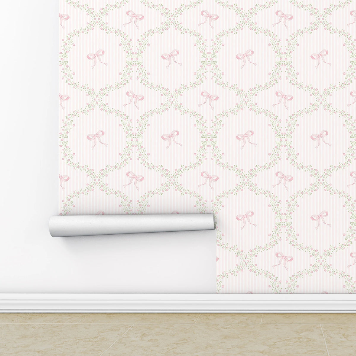 Papier peint autocollant fleuri rose guirlandes rubans chambre enfant classique romantique