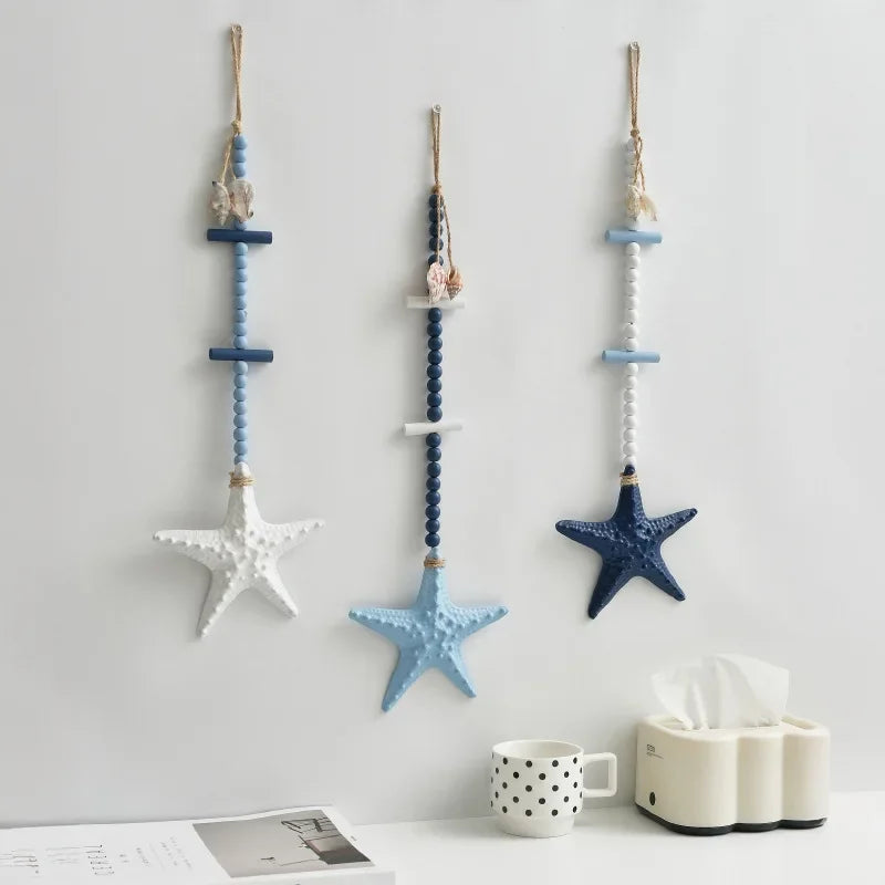 décoration murale marin étoiles mer coquilles blanc bleu clair bleu foncé texture bois fixations