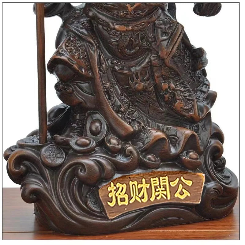 statue décorative traditionnelle asiatique guerrier armure base motif ondulés pièces monnaie chinoises