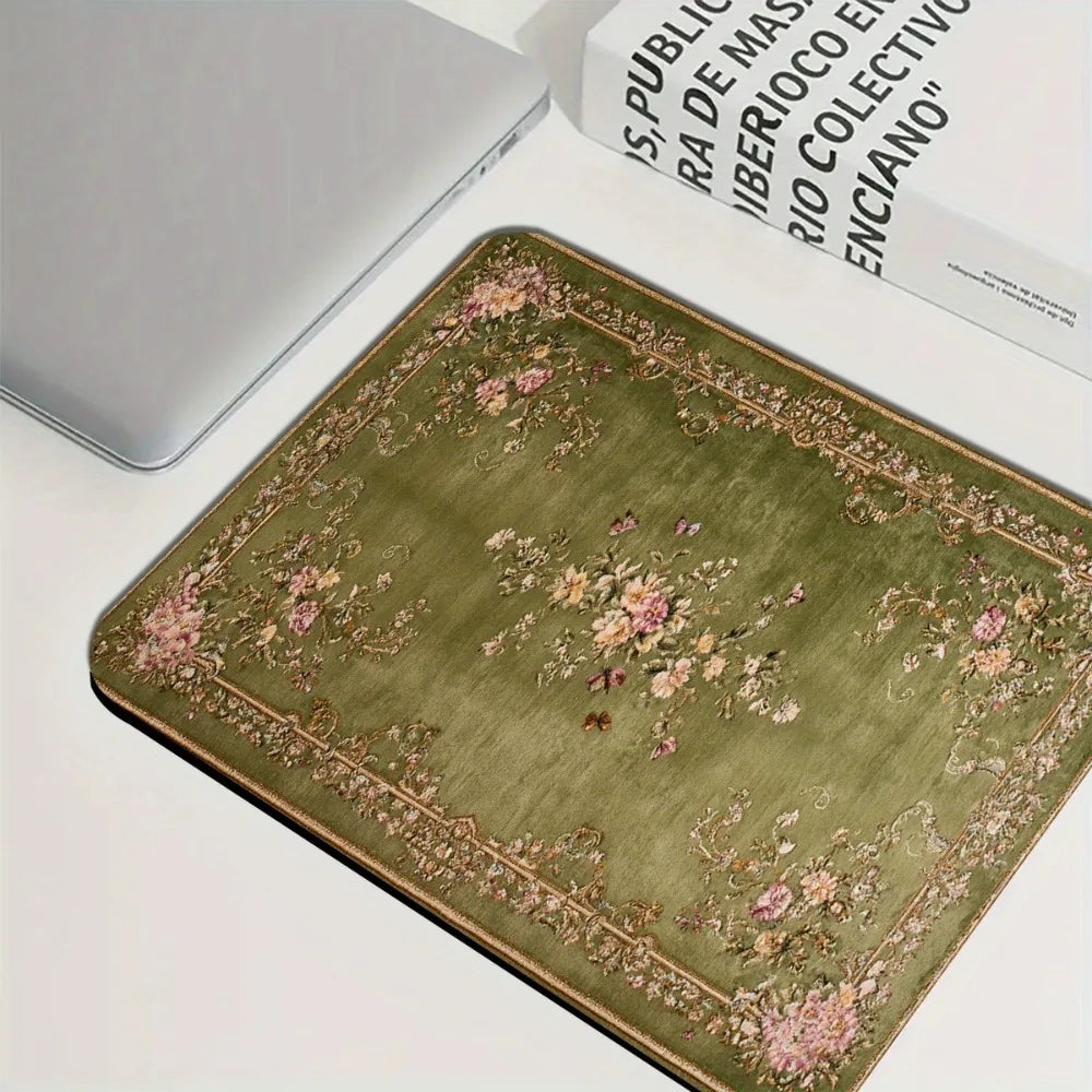 tapis vert olive fleurs roses blanches bordure dorée anti dérapant grande taille classique maison