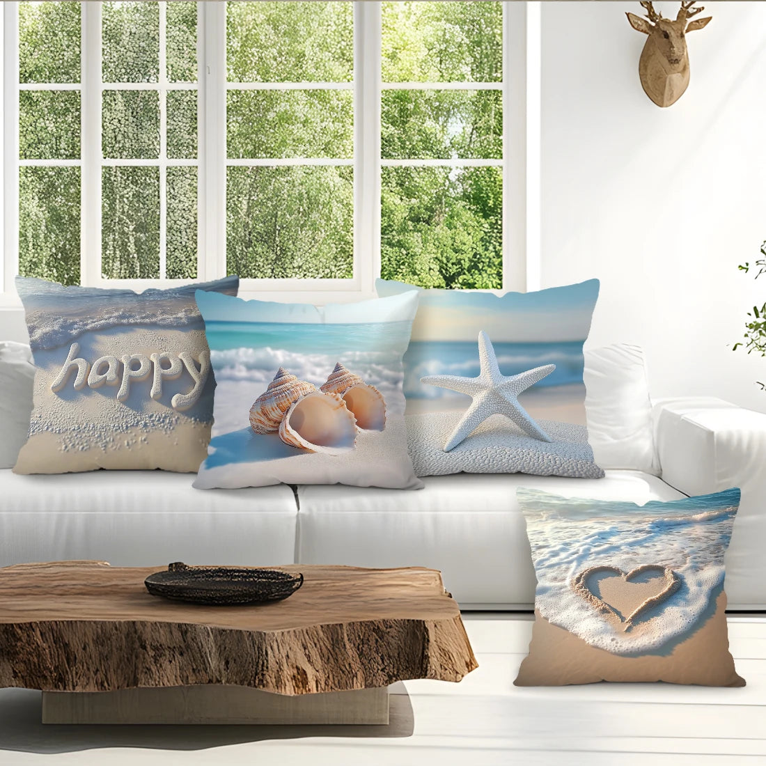 housse coussin plage polyester lettre happy coquillages moderne 40cm 45cm 50cm set decoration chambre