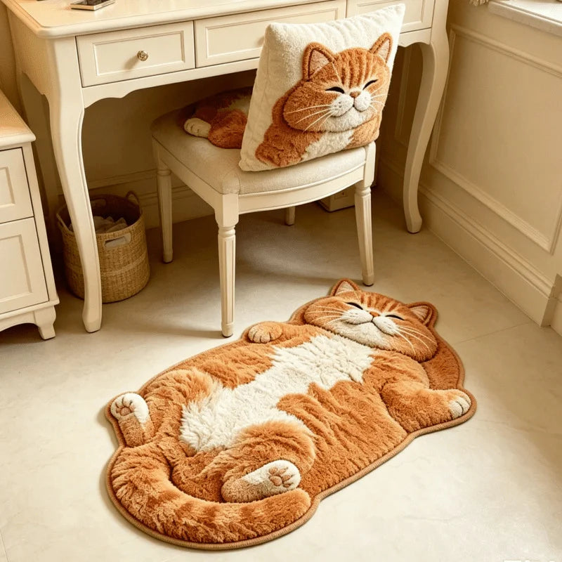 tapis couloir peluche chat couché 3d doux gris blanc orange entrée maison
