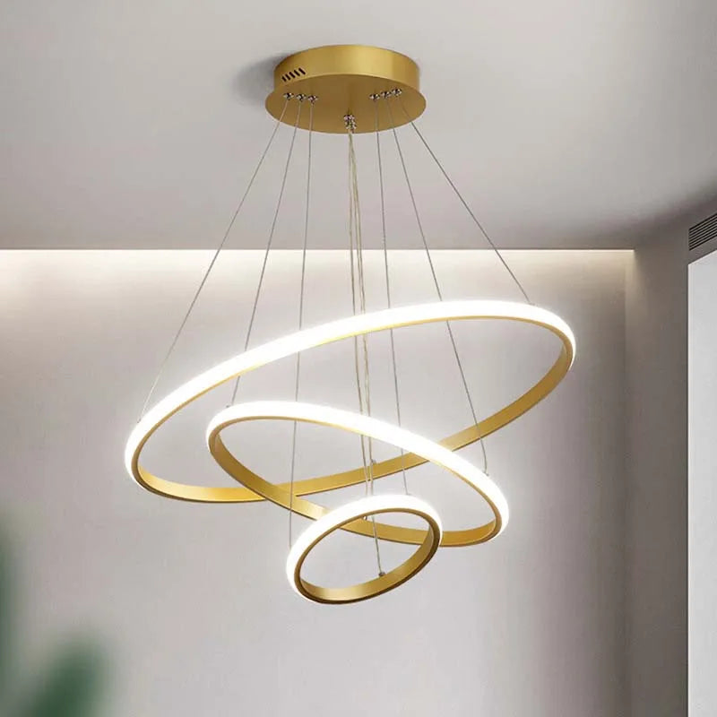 lustre moderne minimaliste suspension câbles noir or blanc concentrique led chambre salon