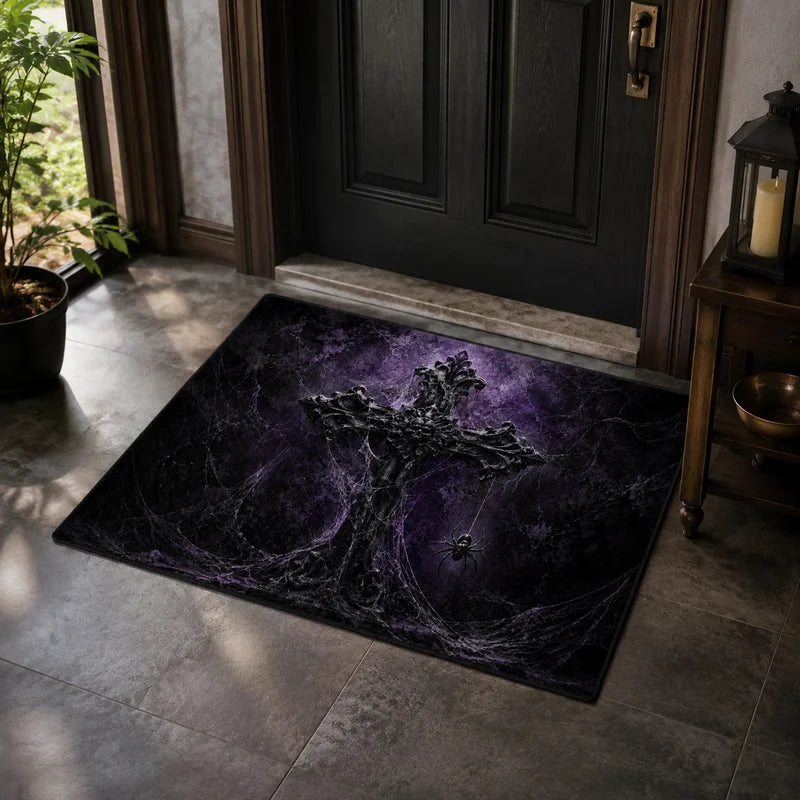 tapis d'entrée gothique croix corbeau noir violet rouge vert anti dérapant polyester résistant