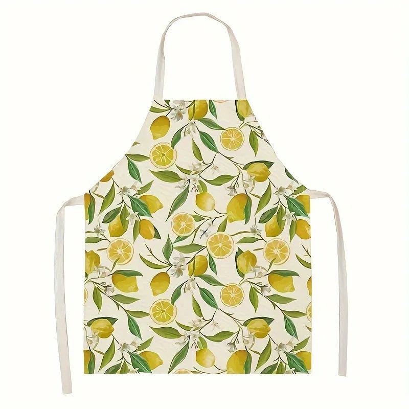 tablier cuisine lin coton élastiques citrons feuilles moderne beige jaune vert