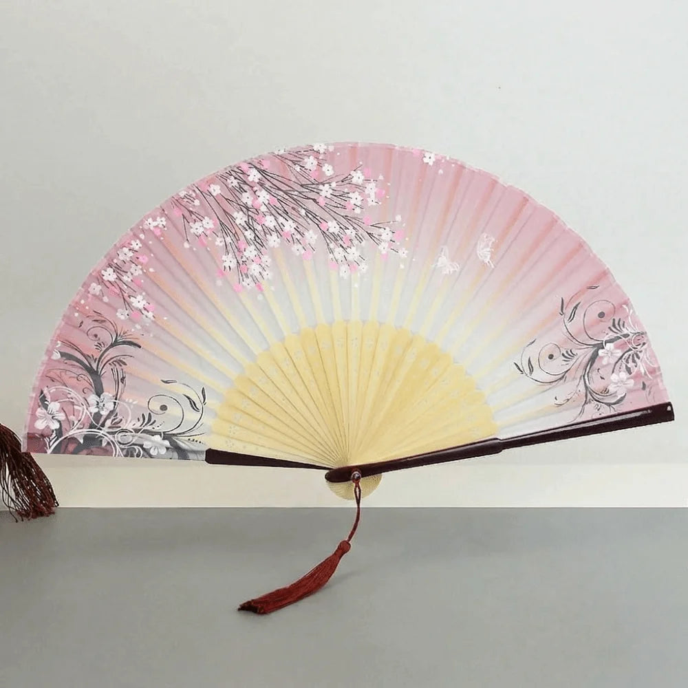 éventail traditionnel floral soie bambou pompon tissu blanc beige violet noir rose clair