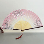 éventail traditionnel floral soie bambou pompon tissu blanc beige violet noir rose clair