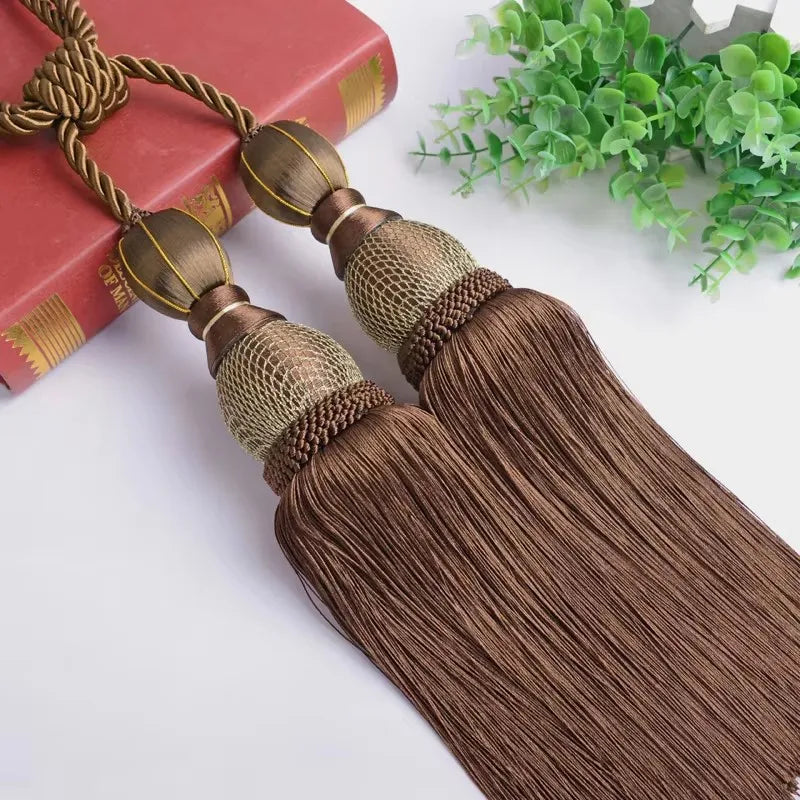 pompon rideau marron clair tissé brodé opaque élégant classique cordons accessoire décoration fenêtre