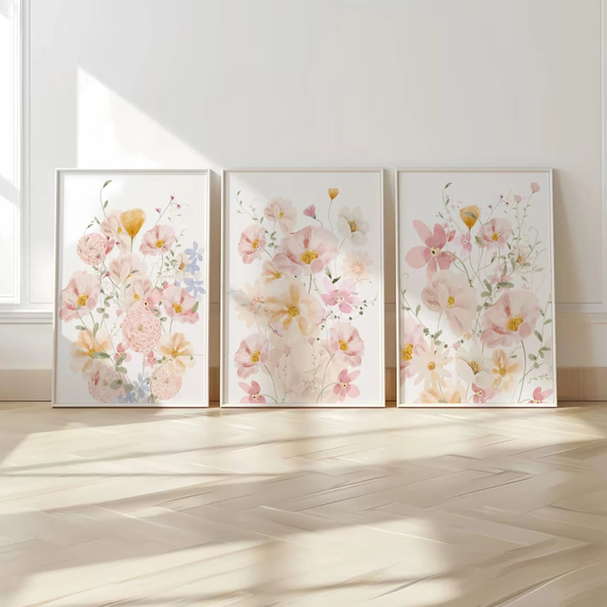 affiches murales modernes floral rose blanc feuilles dégradé cadre bois chambre salon