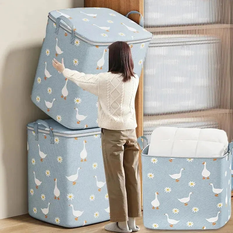 boîtes rangement bleu clair oies blanches fleurs tissu moderne pratique poignées cuir fermeture glissière