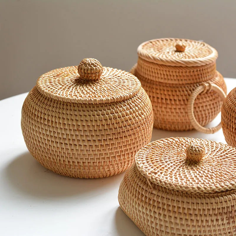 paniers rangement osier tissé naturel couvercle réutilisable respectueux environnement traditionnel artisanal