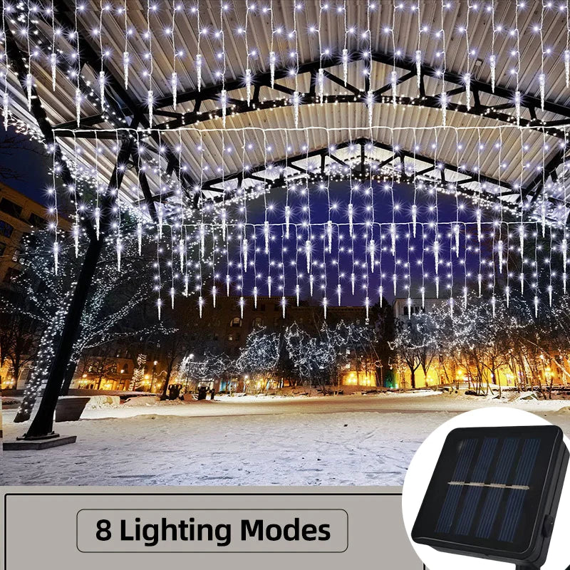 guirlande led gouttelettes translucides blanc chaud multicolore extérieur panneau solaire noel festive 162led 9m