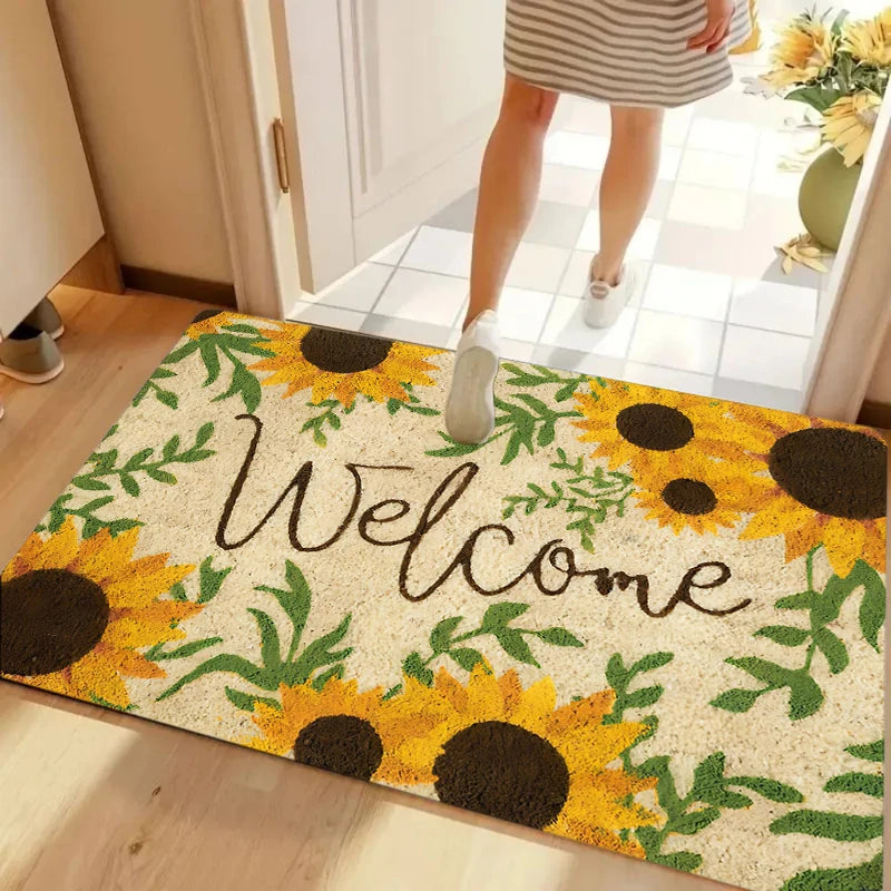 tapis d'entrée moderne fleurs tournesols bienvenue 30x50cm 40x60cm 50x80cm résistant antidérapant