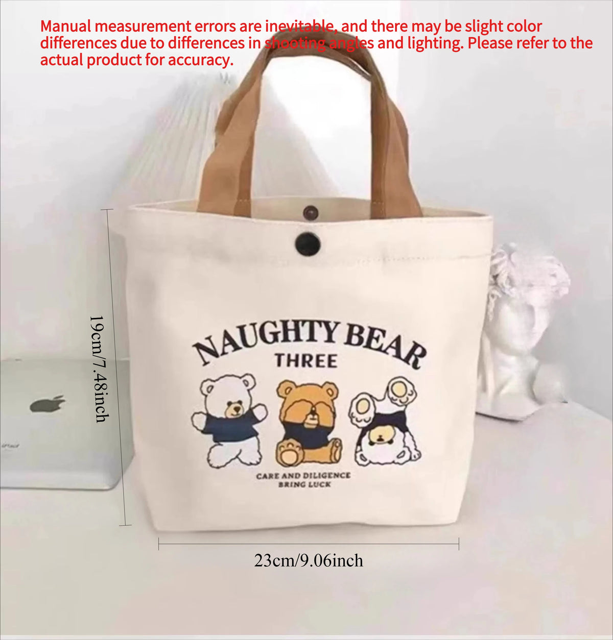 sac main toile imprimé ours blanc marron moderne poignées cuir portable étudiante