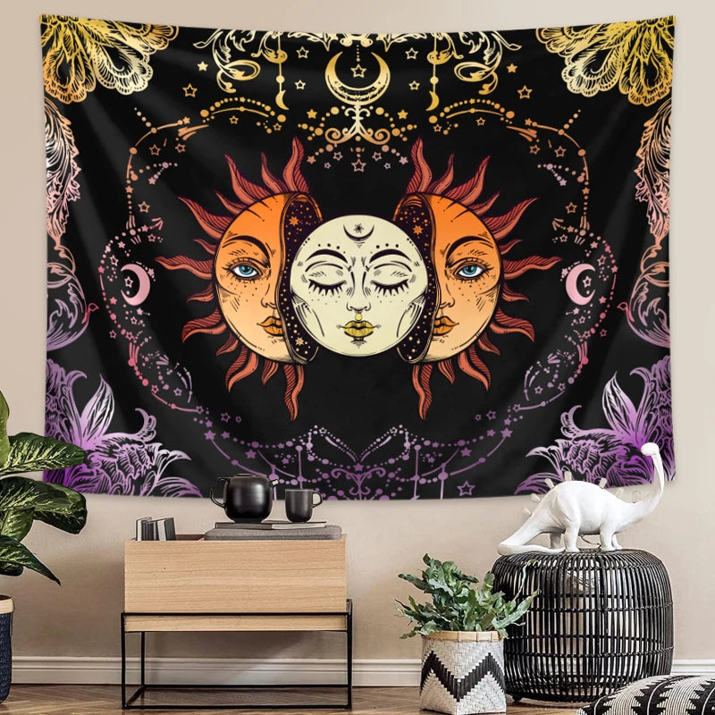 tapisserie bohème visage soleil lune motifs floraux colorés moderne clips inclusion