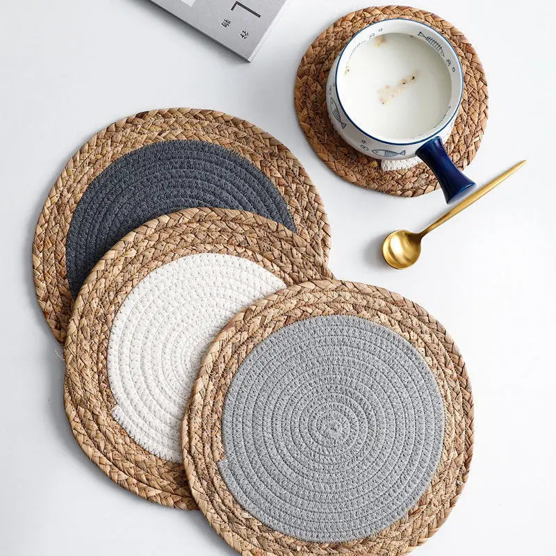 tapis table boho rustique tissé main naturel gris blanc cercles concentriques simple