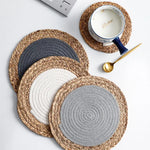 tapis table boho rustique tissé main naturel gris blanc cercles concentriques simple
