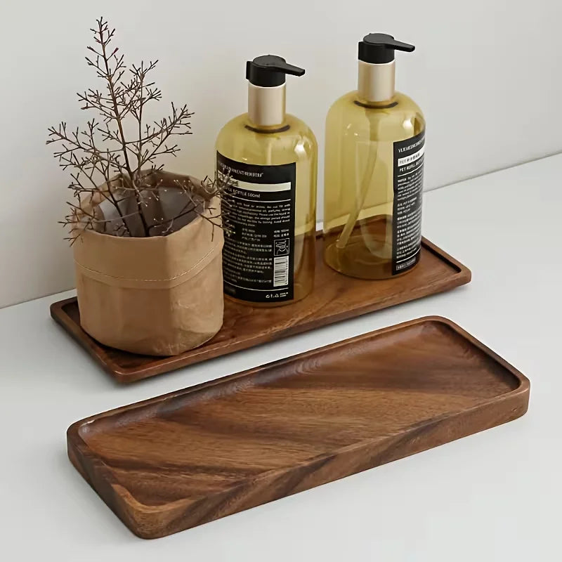 plateau bois marron foncé naturel rectangulaire moderne minimaliste bougie parfumée bouteilles savon liquide petite