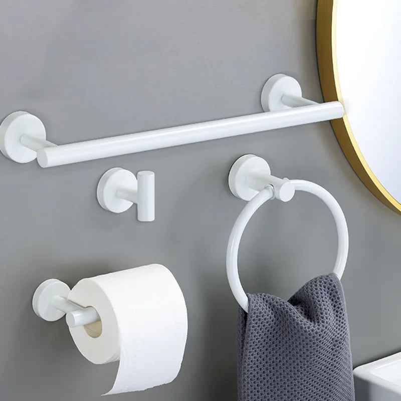 accessoires salle bain blanc moderne adhésif serviette papier toilette gant toilette inoxydable brossé