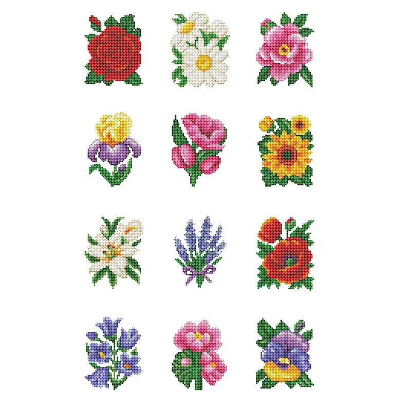 broderie diamant fleurs roses tulipes irises motifs pixel art miniature kit outils