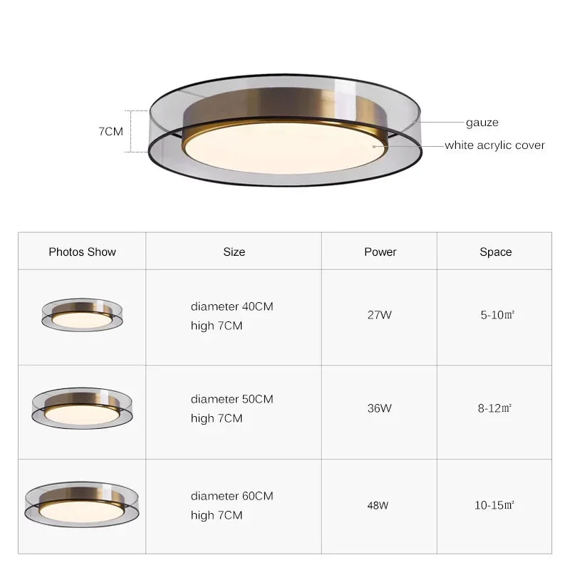 luminaire plafonnier led moderne minimaliste noir doré blanc gauze texturée semi transparent acrylique